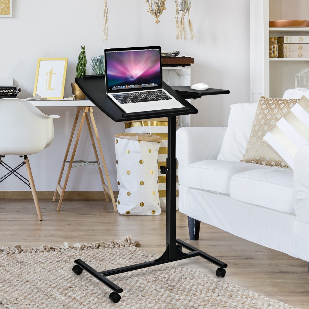 Costway Laptoptafel in Hoogte Verstelbaar Bedtafel met Wielen 64 x 45 x 71-93 cm Zwart