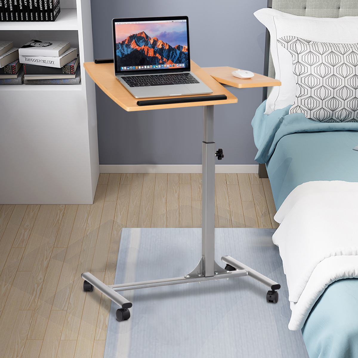 Costway Laptopbord In Hoogte Verstelbaar Notebookbord Bedbord met Wielen en Remmen Naturel 64 x 44 x 64-95 cm