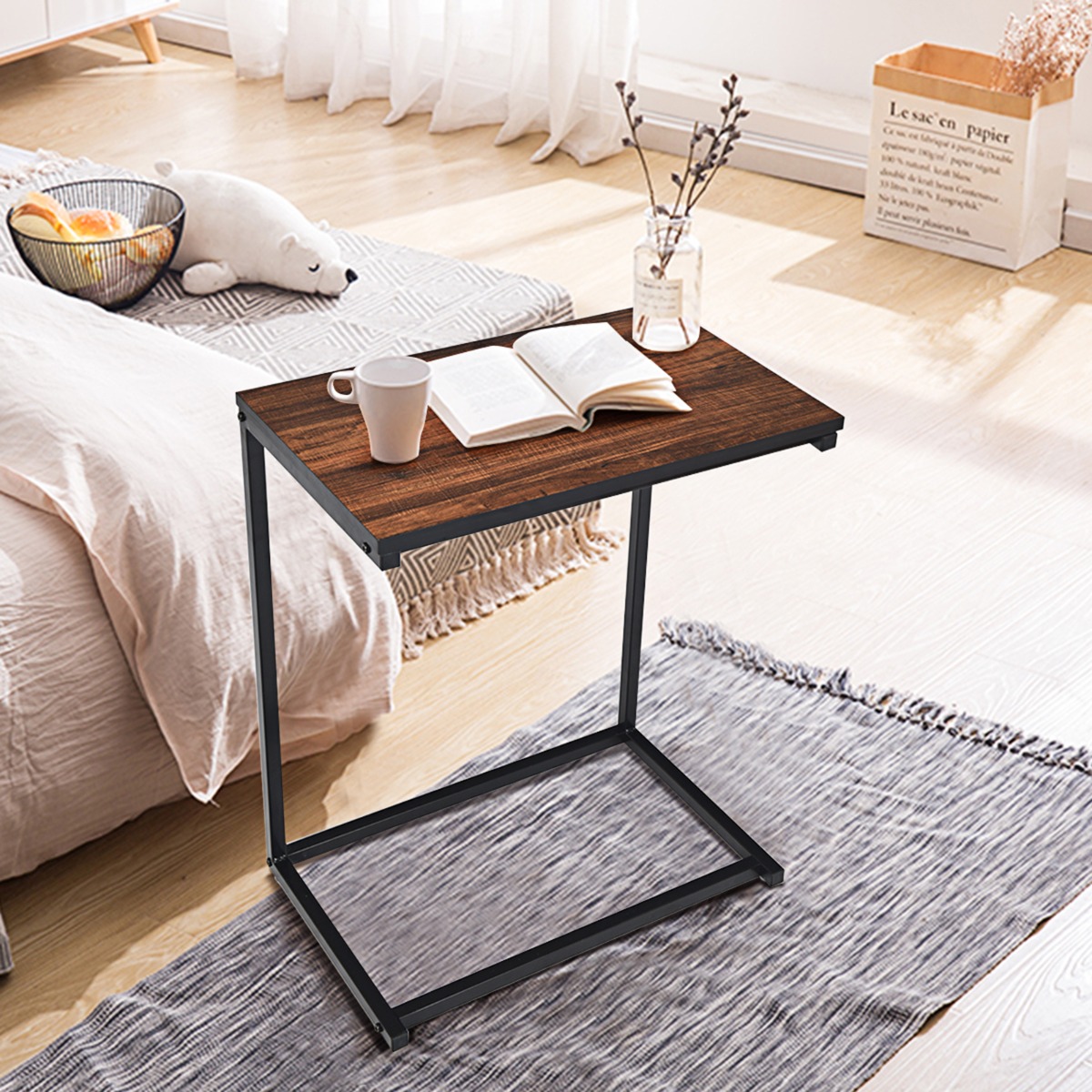 Costway Bijzettafel Laptoptafel Sofatafel Notebooktafel Thuis C-Vormige Tafel Metaal en Hout 55 x 35 x 65 cm Bruin