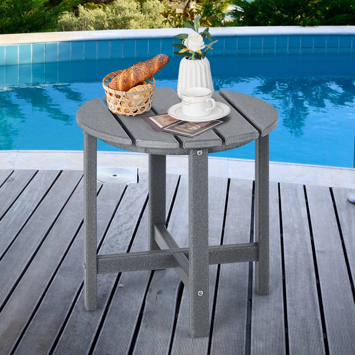 Costway Ronde Buitentafel voor Terras Veranda Tuin Weerbestendige HDPE Adirondacktafel Eenvoudige Montage en Onderhoud Grijs
