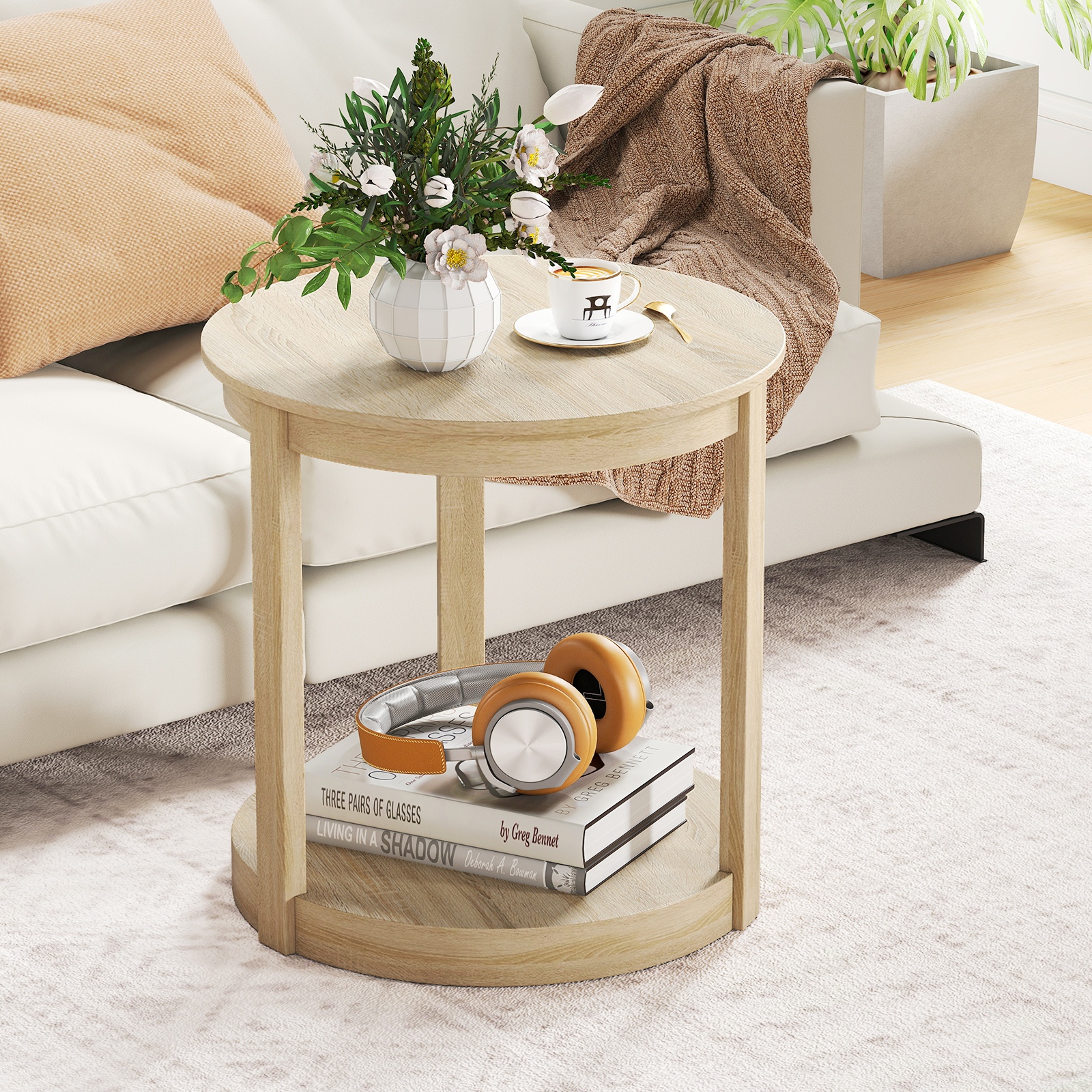Costway Ronde Salontafel Woonkamer Tafel met 2 Niveaus Salontafel Rubberhout Koffietafel Bijzettafel in Landhuis Eikenhout