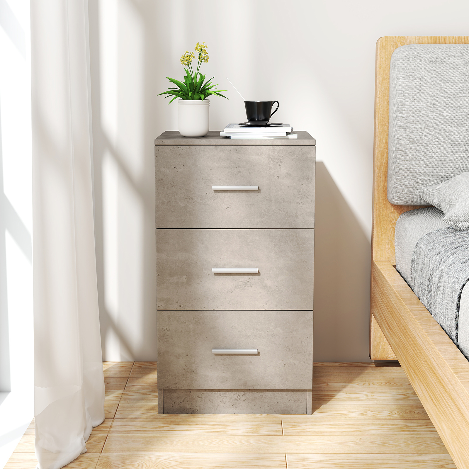 Costway Nachtkastje met 3 lades Hoogglans Nachtkast Nachtkommode voor Boxspringbed 37 x 34 x 66,5 cm Cementgrijs
