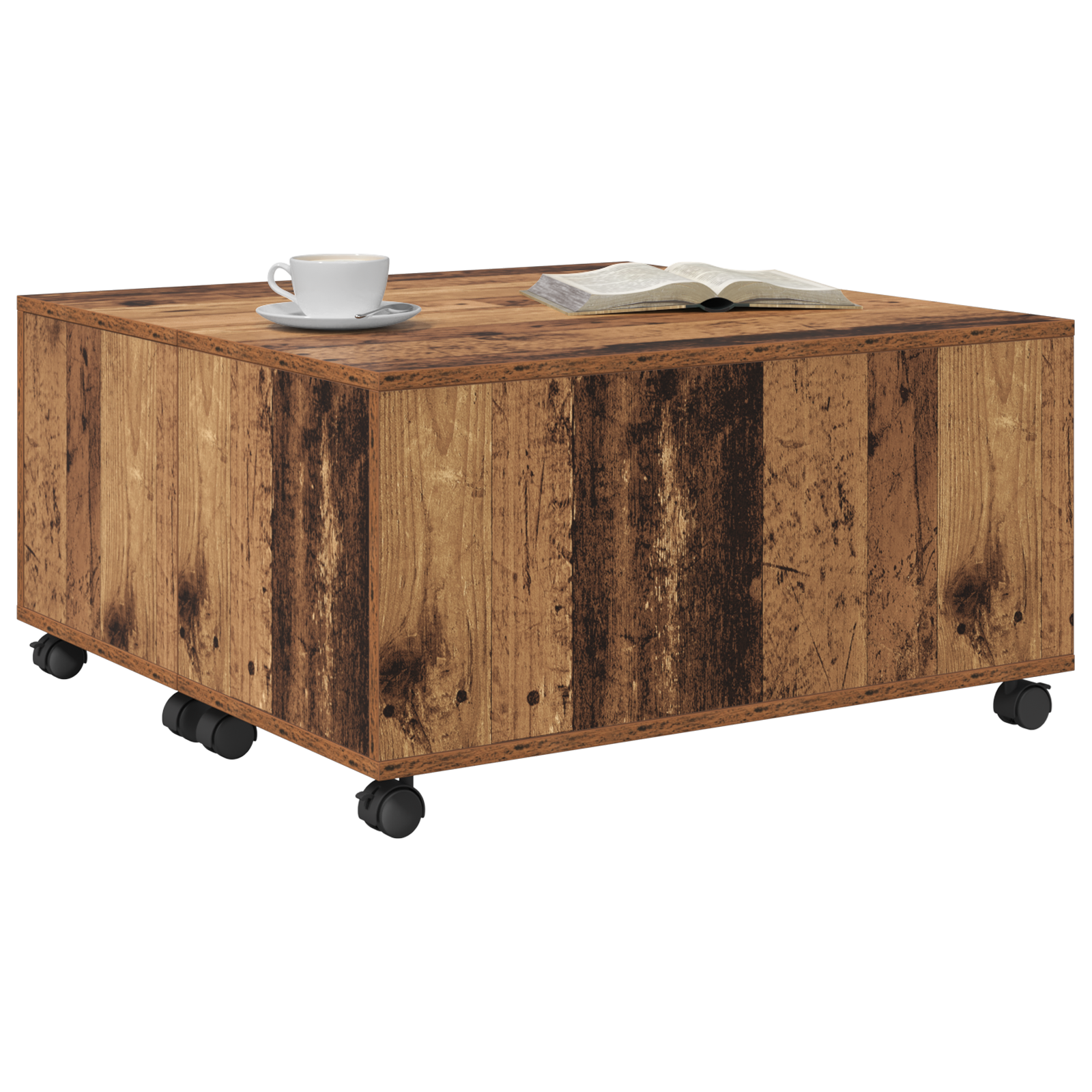 vidaXL Salontafel met wiel met opslag Oude hout 75 x 75 x 38 cm Bewerkt hout
