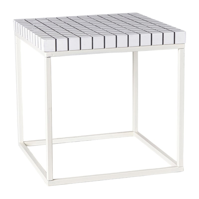 Xenos Bijzettafel checks met metalen frame - wit - 36x36x36 cm