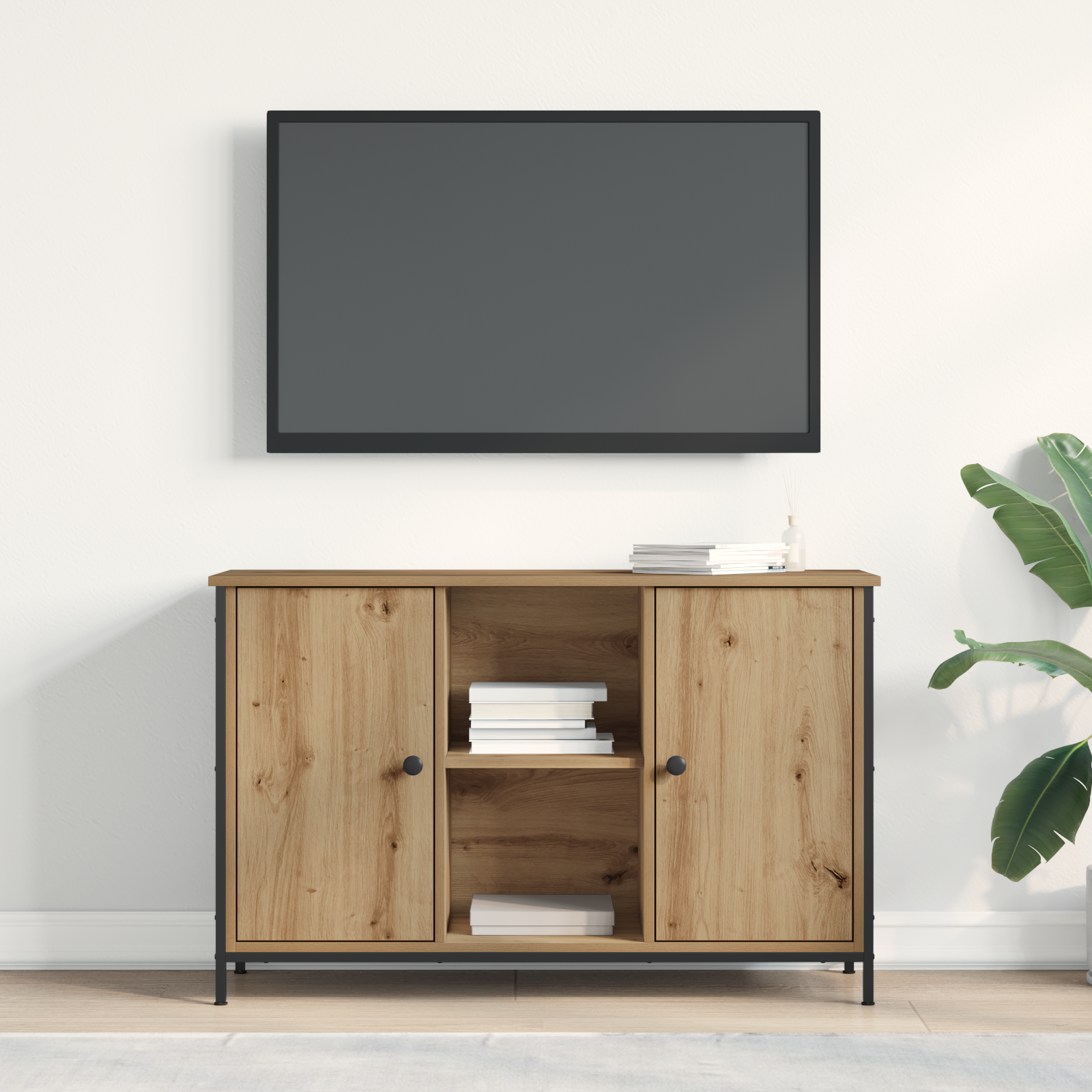 vidaXL Tv-meubel 101x35x65 cm bewerkt hout en staal zwart eikenkleur