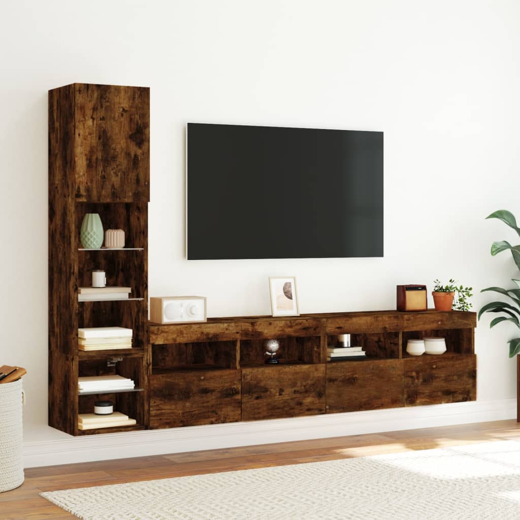 vidaXL 8-delige tv-wandmeubelset met LED bewerkt hout gerookt eiken