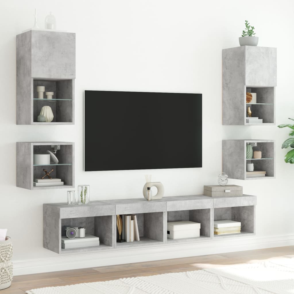 vidaXL 8-delige Tv-wandmeubelset met LED bewerkt hout betongrijs