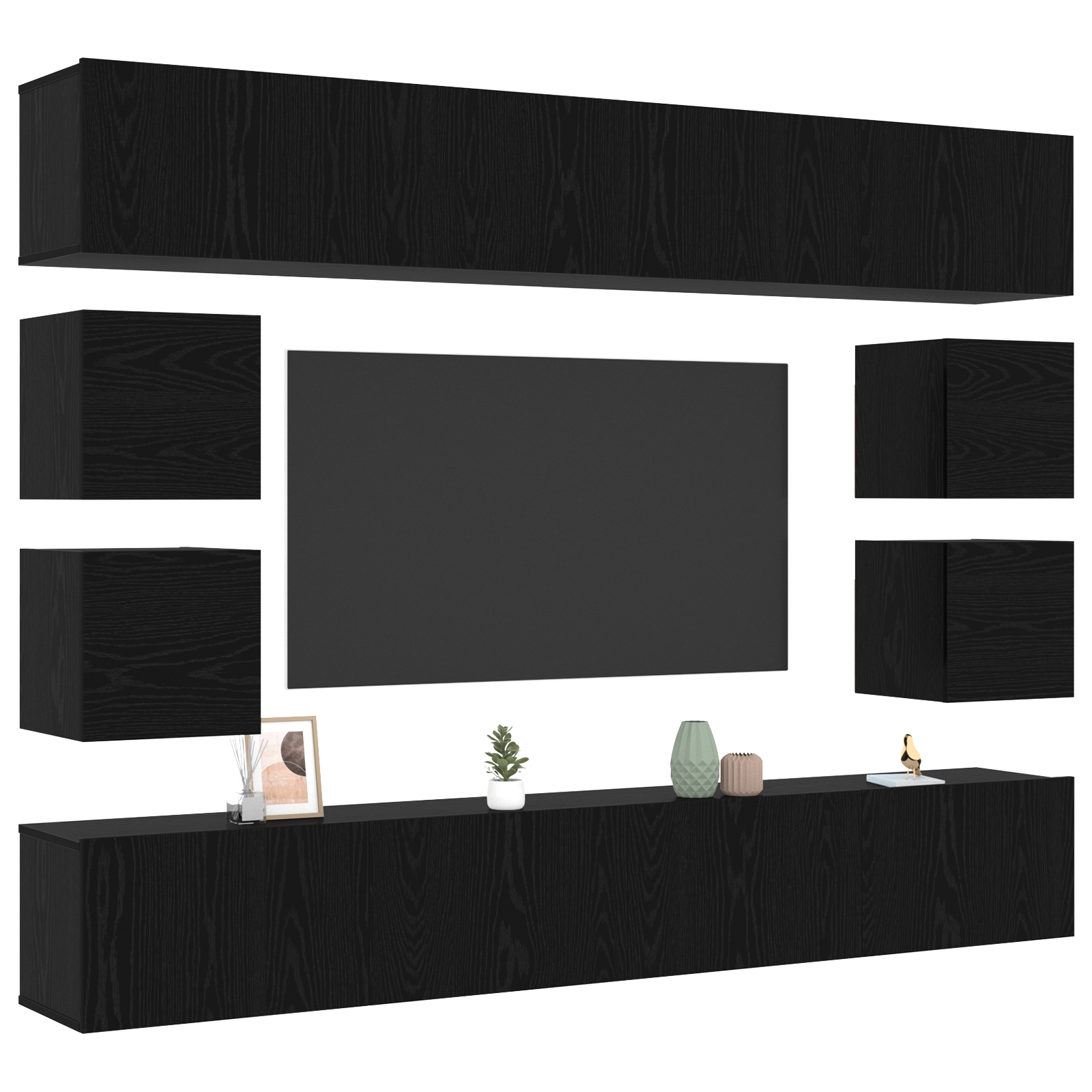 vidaXL 8-delige TV-kast set – Wandgemonteerd zwart gebeitst hout