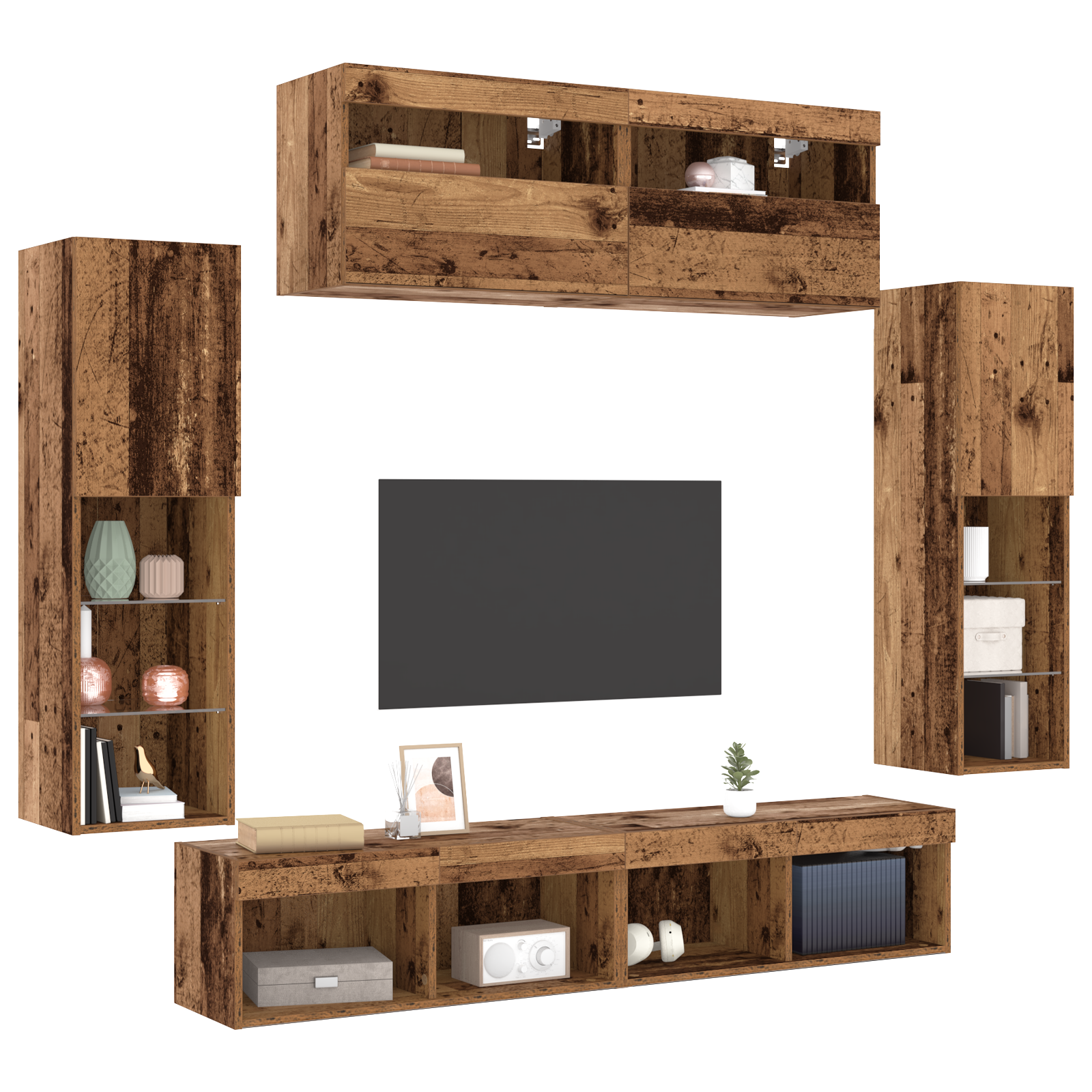 vidaXL 8-delige TV Wandunits met LED Oud Hout Bewerkt Hout