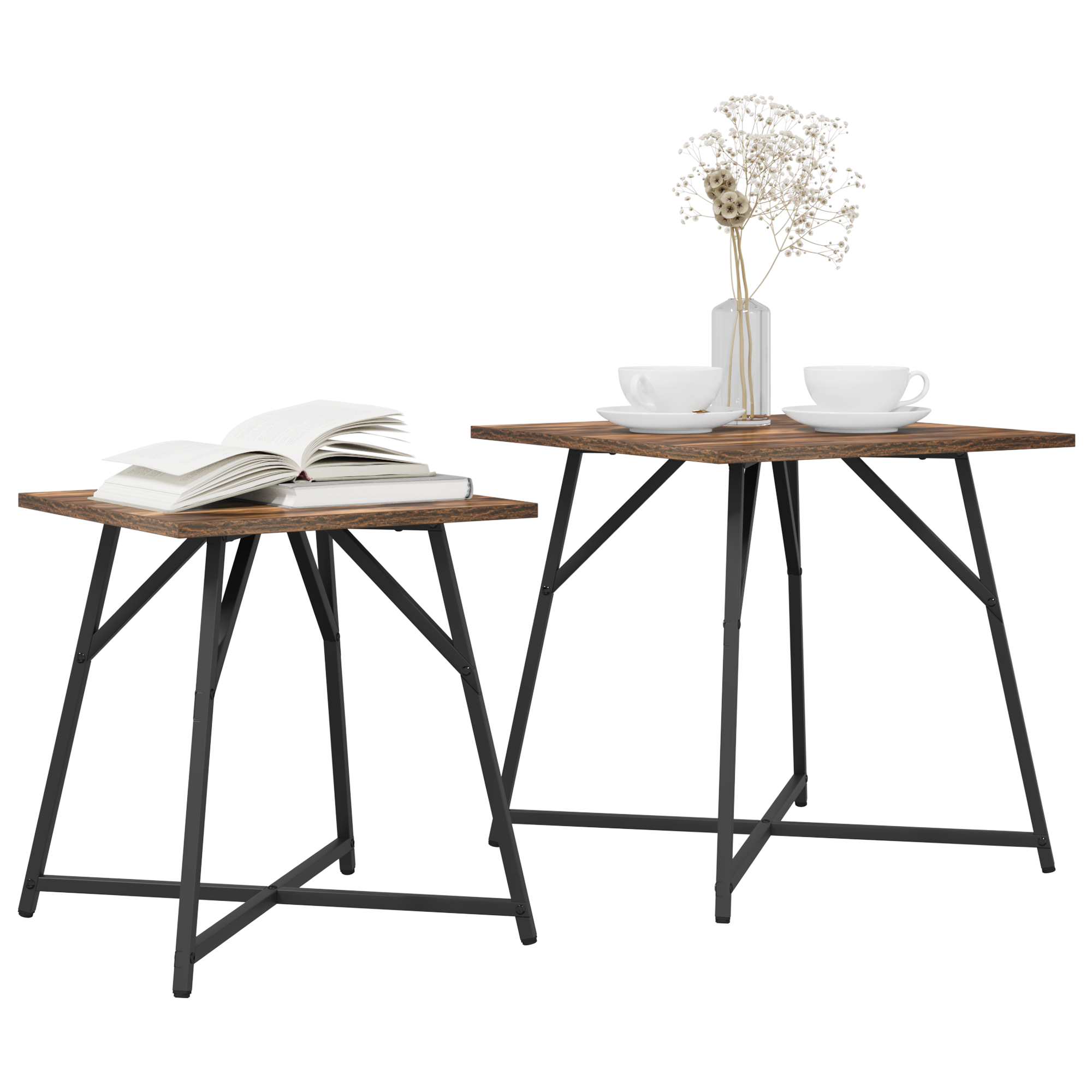 vidaXL Bijzettafel Set - 2 Rustiek Rookhouten en Metalen Tafels