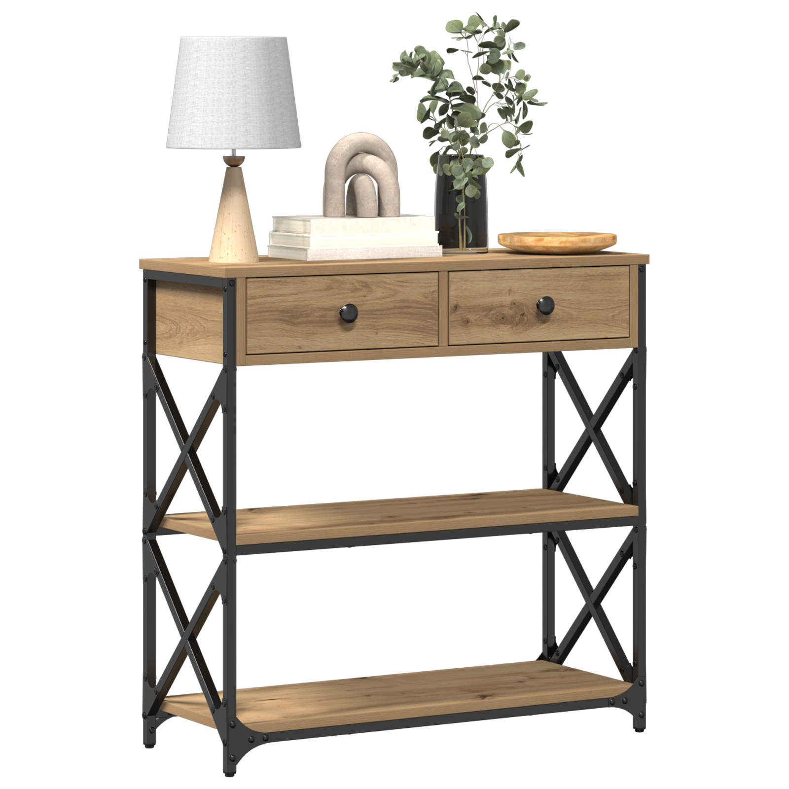 vidaXL Wandtafel 75x28x75 cm bewerkt hout en staal zwart eikenkleurig