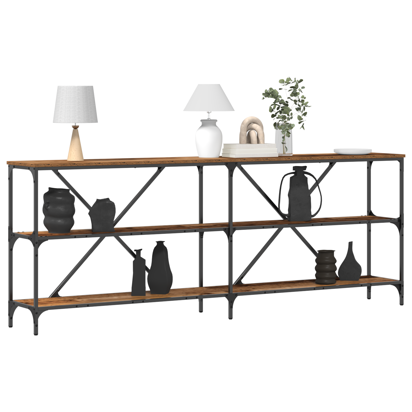 vidaXL Wandtafel 200x30x75 cm bewerkt hout en staal oud houtkleurig