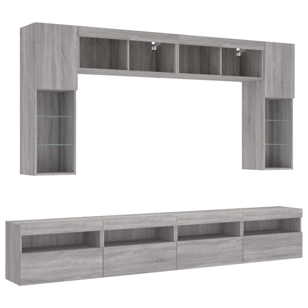 vidaXL 8-delige Tv-wandmeubelset met LED-verlichting grijs sonoma