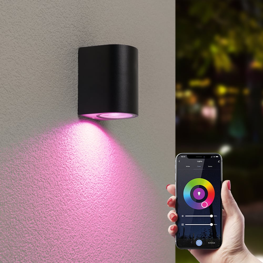 Hofronic Alvin Smart WiFi+BLE LED wandlamp - Alle kleuren - incl. GU10 spot - IP65 voor binnen en buiten - Zwart