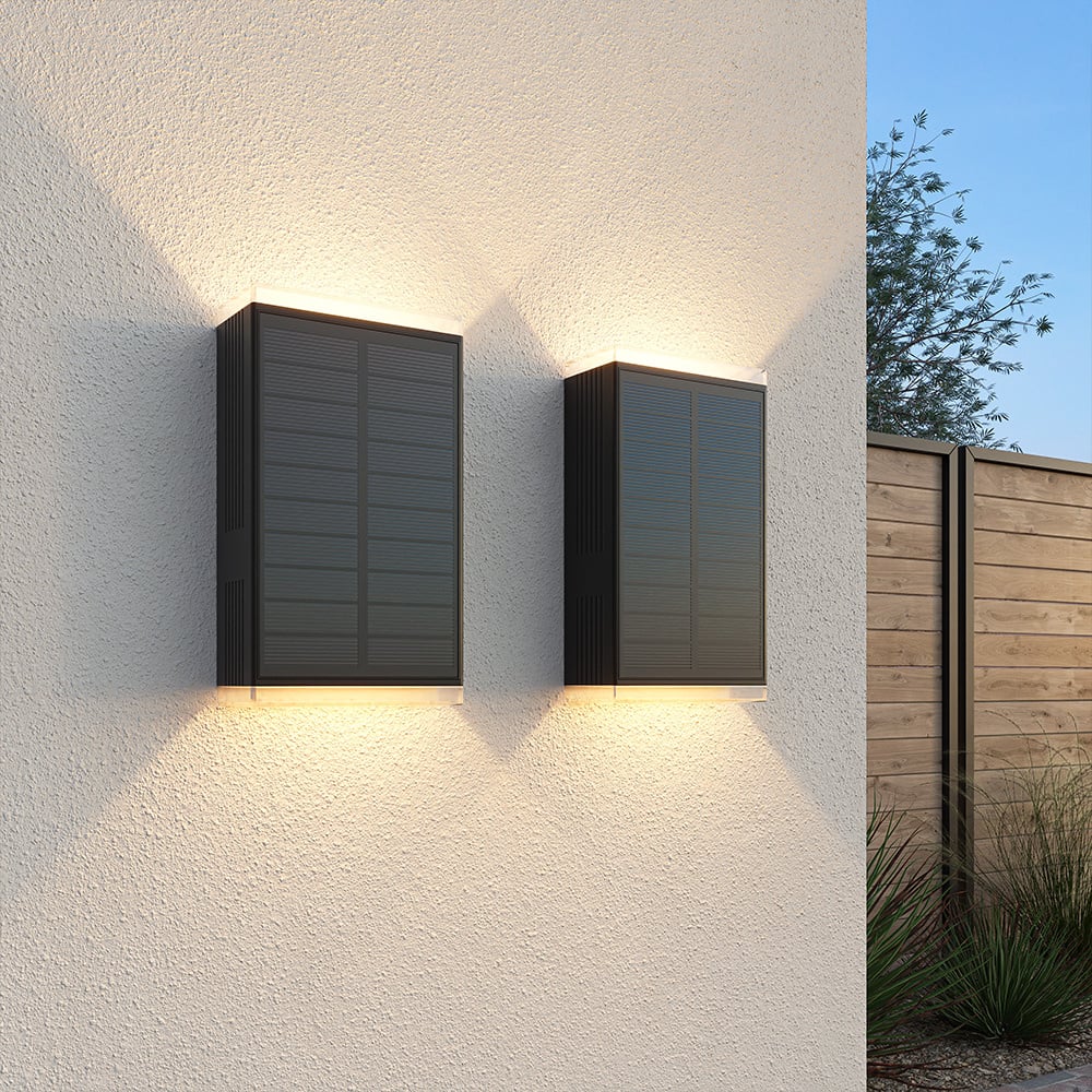 HOFTRONIC™ 2x Jovi Solar LED Wandlamp - Incl. Schemerschakelaar - Up & Down light - 2700K warm wit - Zwart - IP65 waterdicht - 50 lumen - Tuinverlichting - Buitenlamp