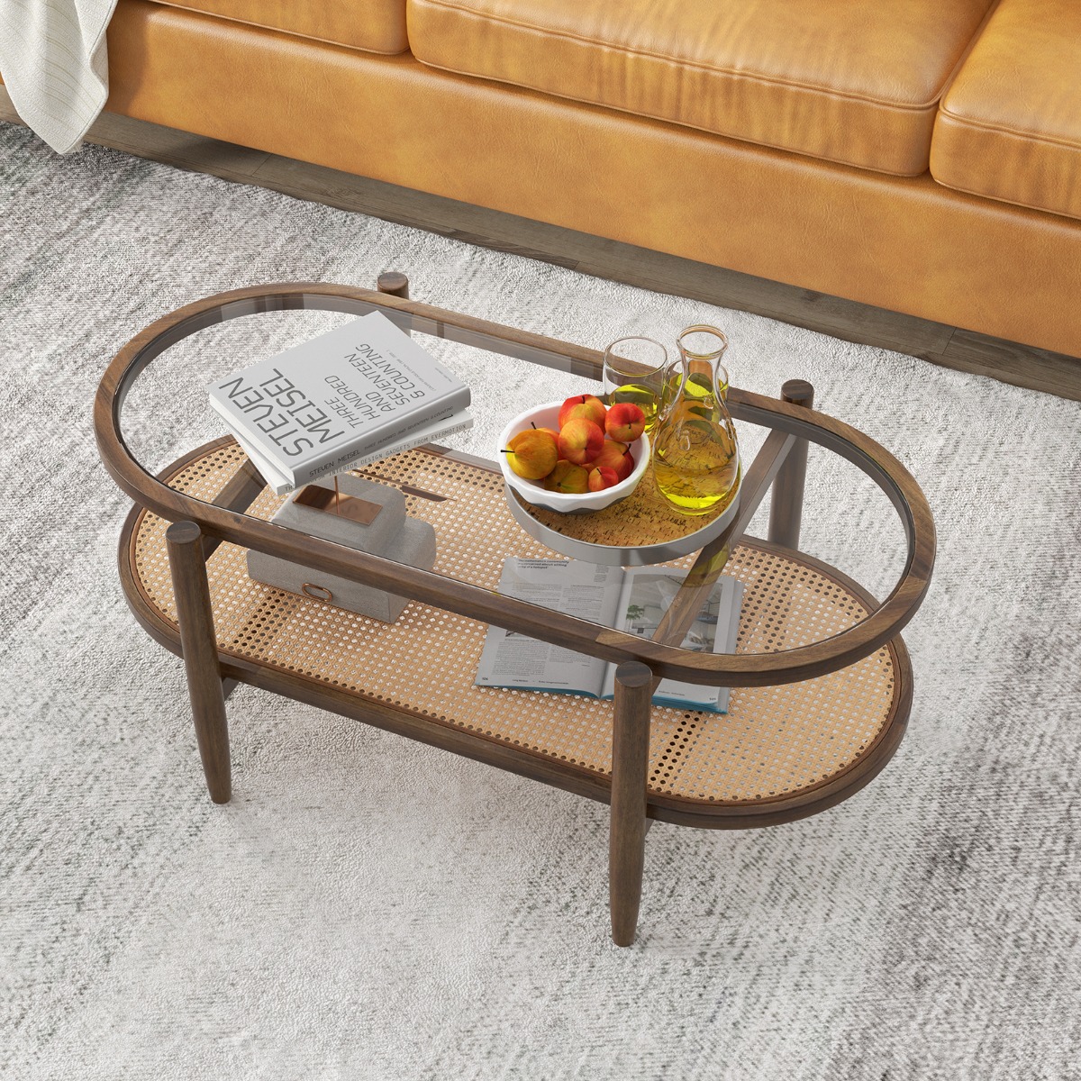 Costway Salontafel met 2 Niveaus Middentafel van PE-Rotan met Blad van Gehard Glas Woonkamertafel voor Thuis Kantoor