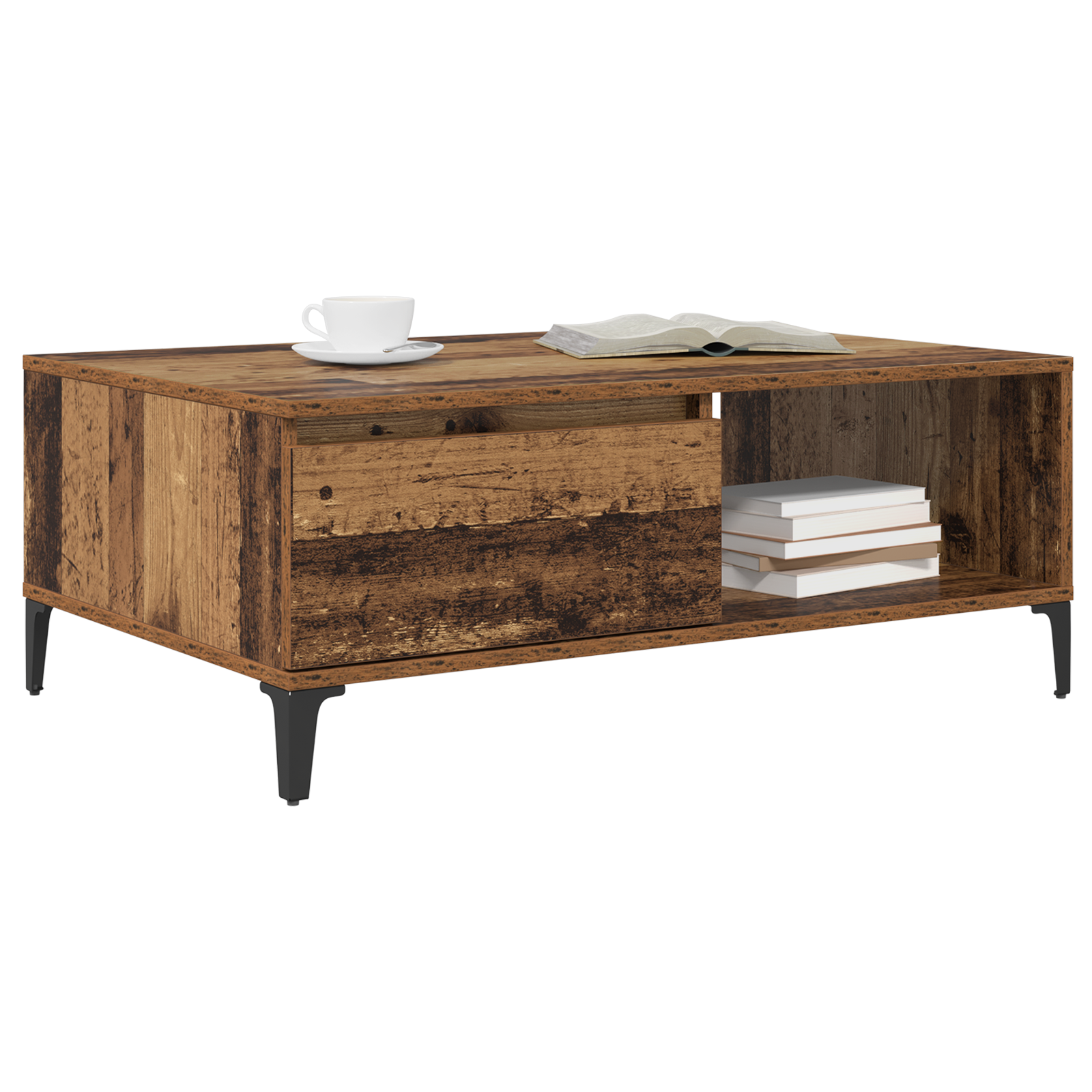 vidaXL Salontafel met plank met opslag met de deur Oud hout 90 x 60 x 35 cm Bewerkt hout