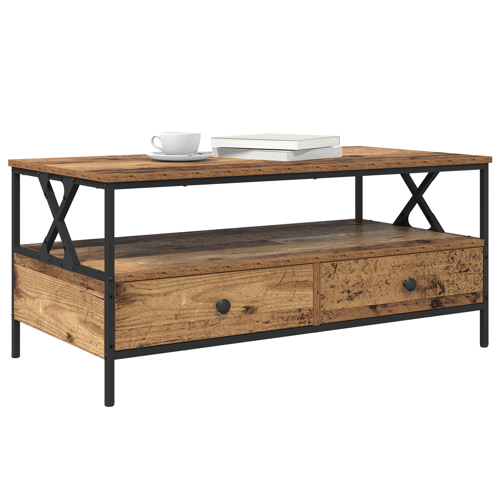 vidaXL Salontafel met lade met plank met opslag Oud hout 100 x 51 x 45 cm Bewerkt hout