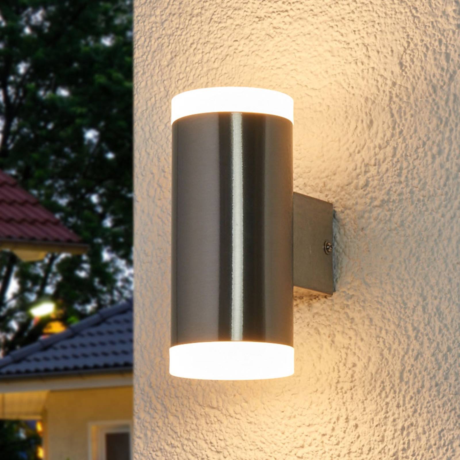 LINDBY 2-lamps LED buiten wandlamp Eliano, roestvrij staal