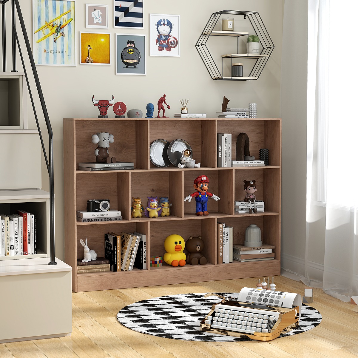 Costway Boekenkast met 10 Sleuven Vrijstaande Opbergkast met 3 Niveaus 140 cm Houten Displayplank voor Woonkamer Slaapkamer Kantoor