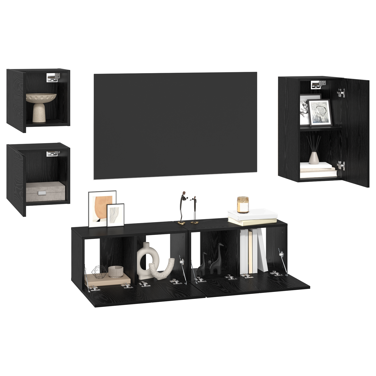 vidaXL Tv-meubelset met plank Wandgemonteerd Anders met opslag met de deur 5 pcs Zwart eiken Bewerkt hout