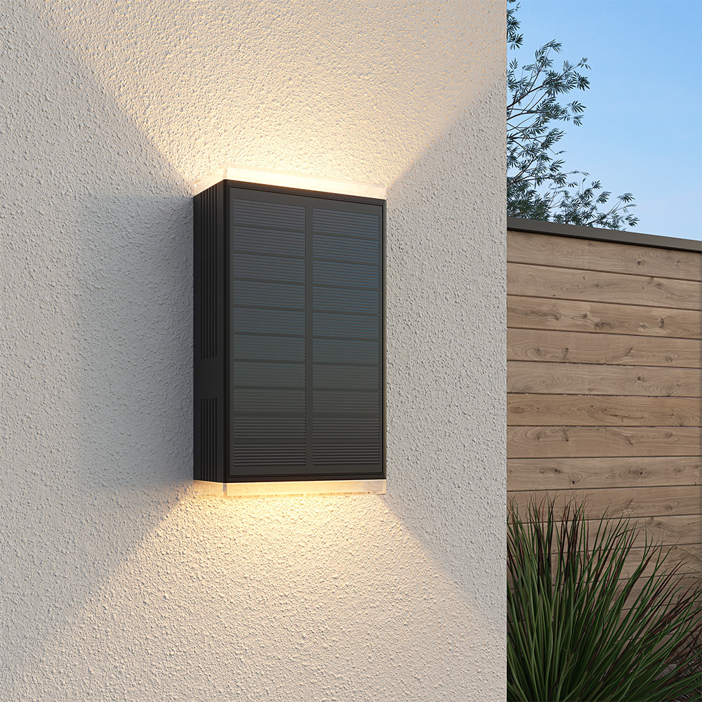 HOFTRONIC™ Jovi Solar LED Wandlamp - Incl. Schemerschakelaar - Up & Down light - 2700K warm wit - Zwart - IP65 waterdicht - 50 lumen - Tuinverlichting - Buitenlamp