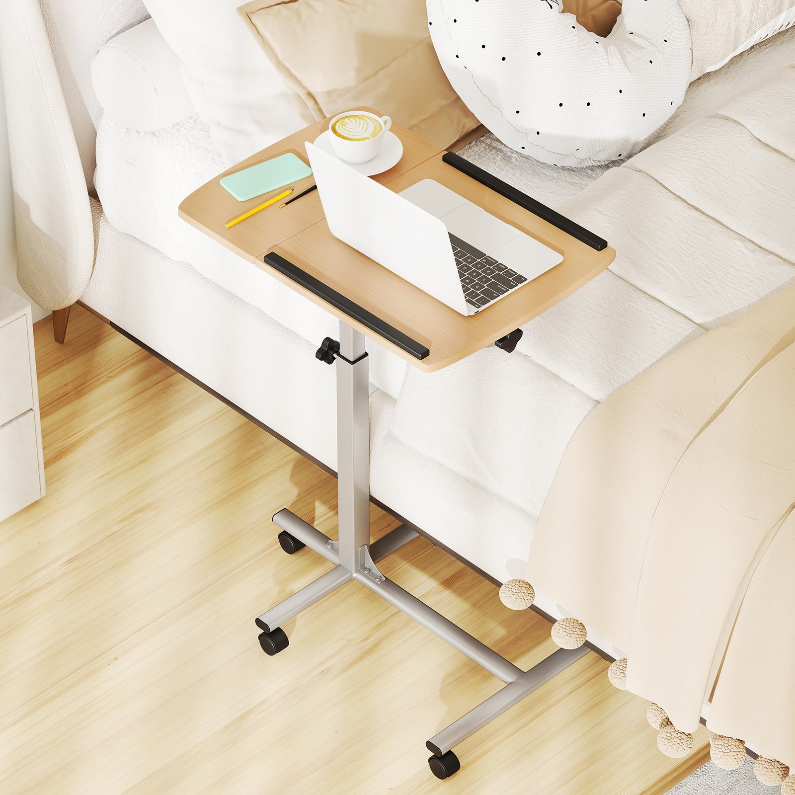 Costway Laptoptafel met 5 wielen Bijzettafel Notebooktafel Hoogte/Hoek Verstelbaar Rollentafel met Remmen 60×40×71-91cm Natuur
