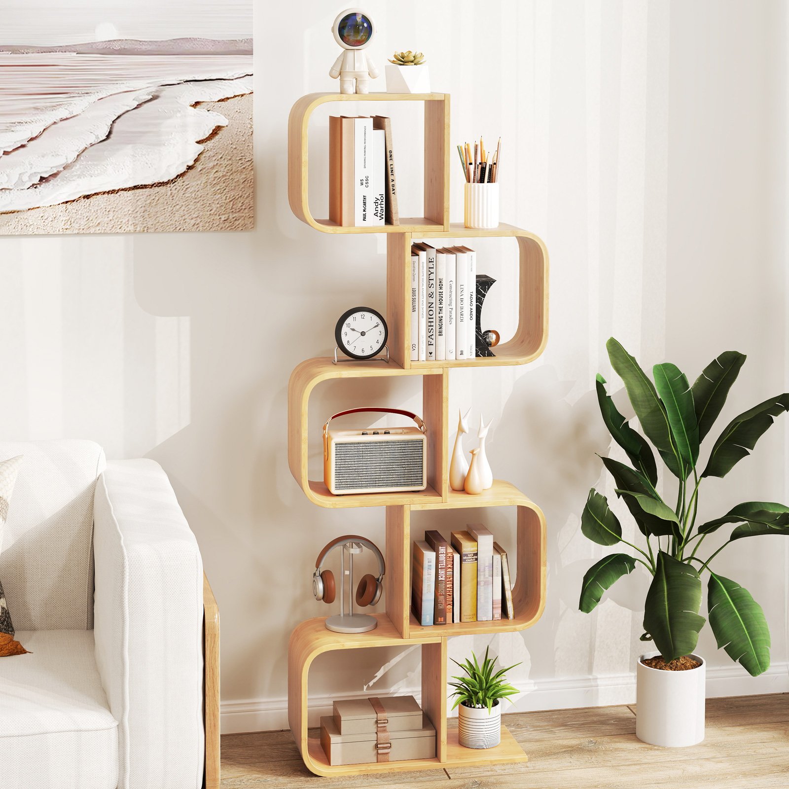 Costway S-vormige Boekenplank Bamboe Staande Rek met 5 Niveaus Cube Rek Bureau Rek Natuur