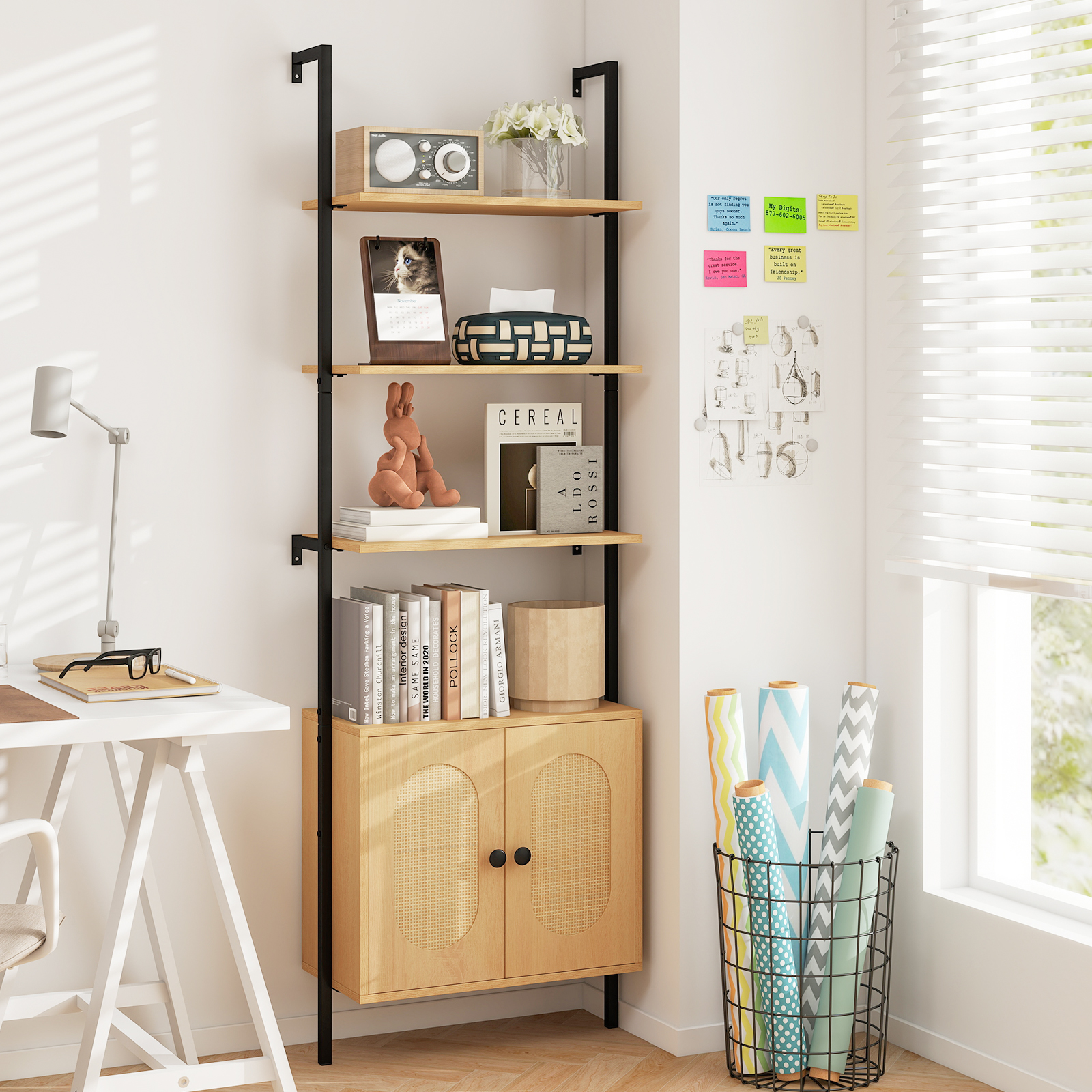 Costway 3-laags Boekenrek met Rieten Kast 184 cm Wandmontage Ladderrek Open Presentatie Rek
