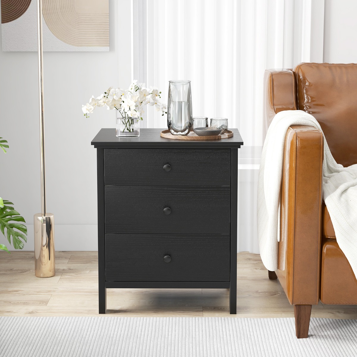 Costway Nachtkastje met 3 Lades Nachtkast voor Boxspringbed 56 x 45 x 66 cm Zwart