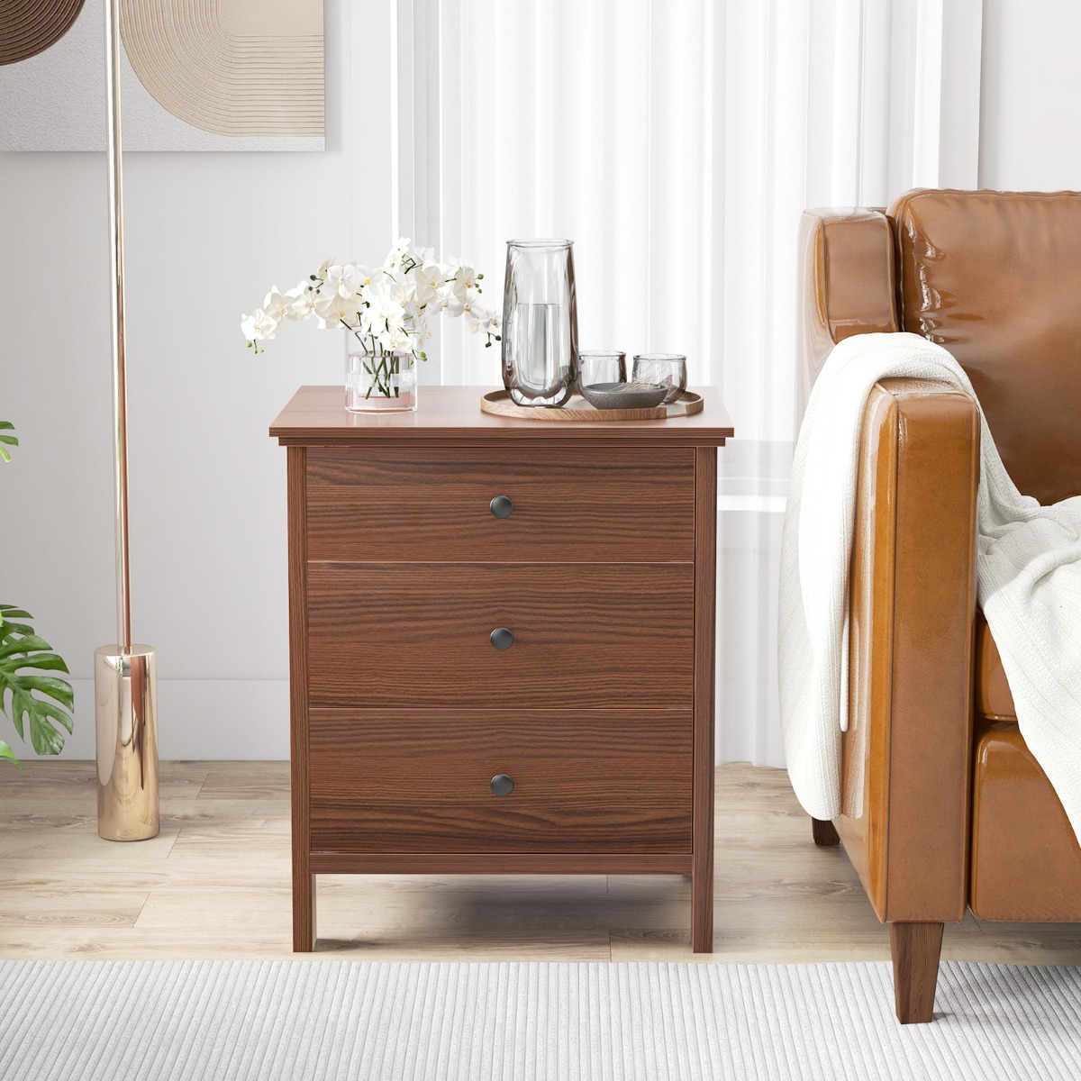 Costway Nachtkastje met 3 Lades Nachtkast voor Boxspringbed 56 x 45 x 66 cm Walnoot