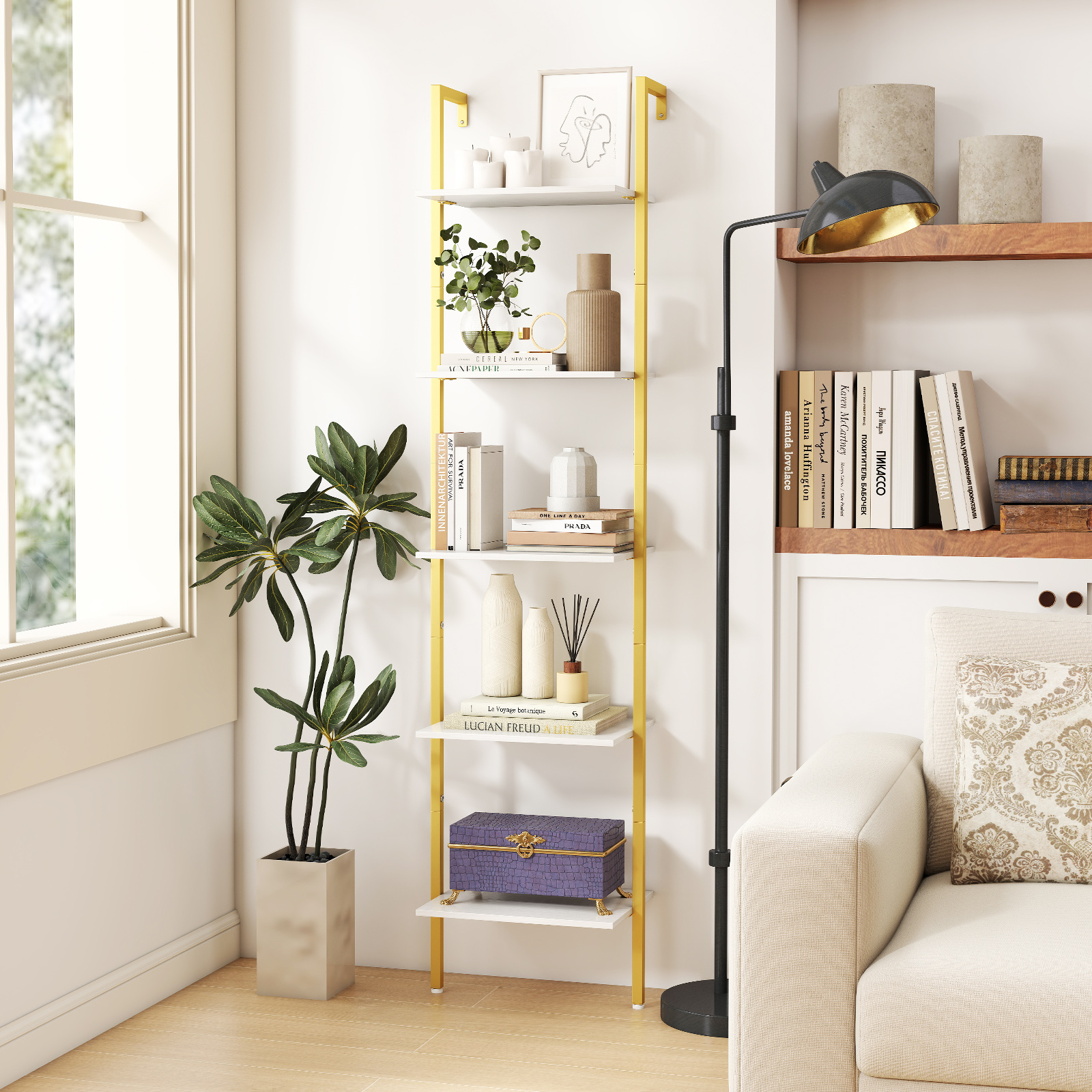 Costway 5-laags Ladderrek Boekenrek voor Wandmontage met Kantelbeveiliging en Metalen Frame