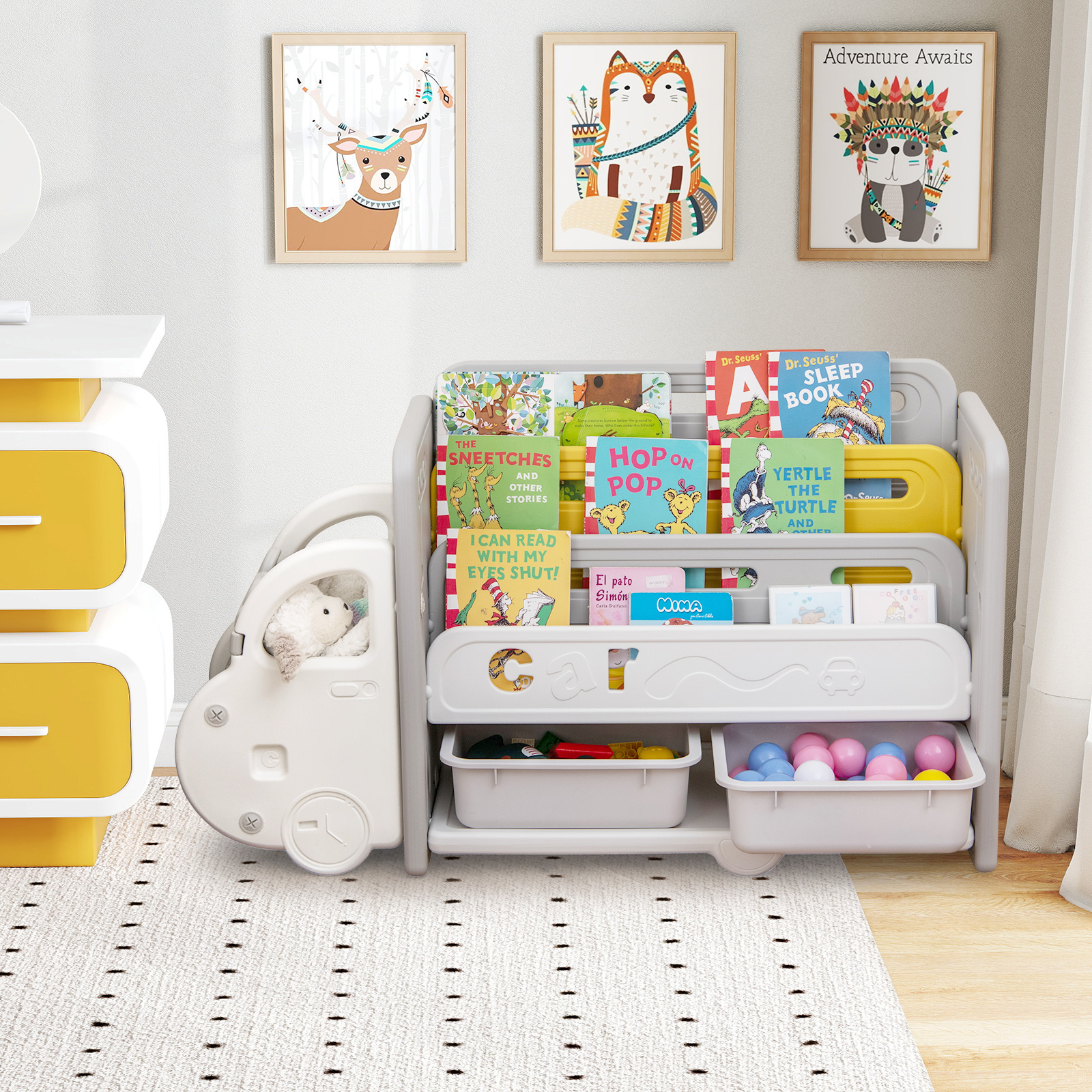 Costway Boekenkast voor Kinderen in Automotive Stijl met 4 Niveaus en 2 Opbergdozen Speelgoedkast Speelgoedorganizer 108 x 35 x 63,5 cm