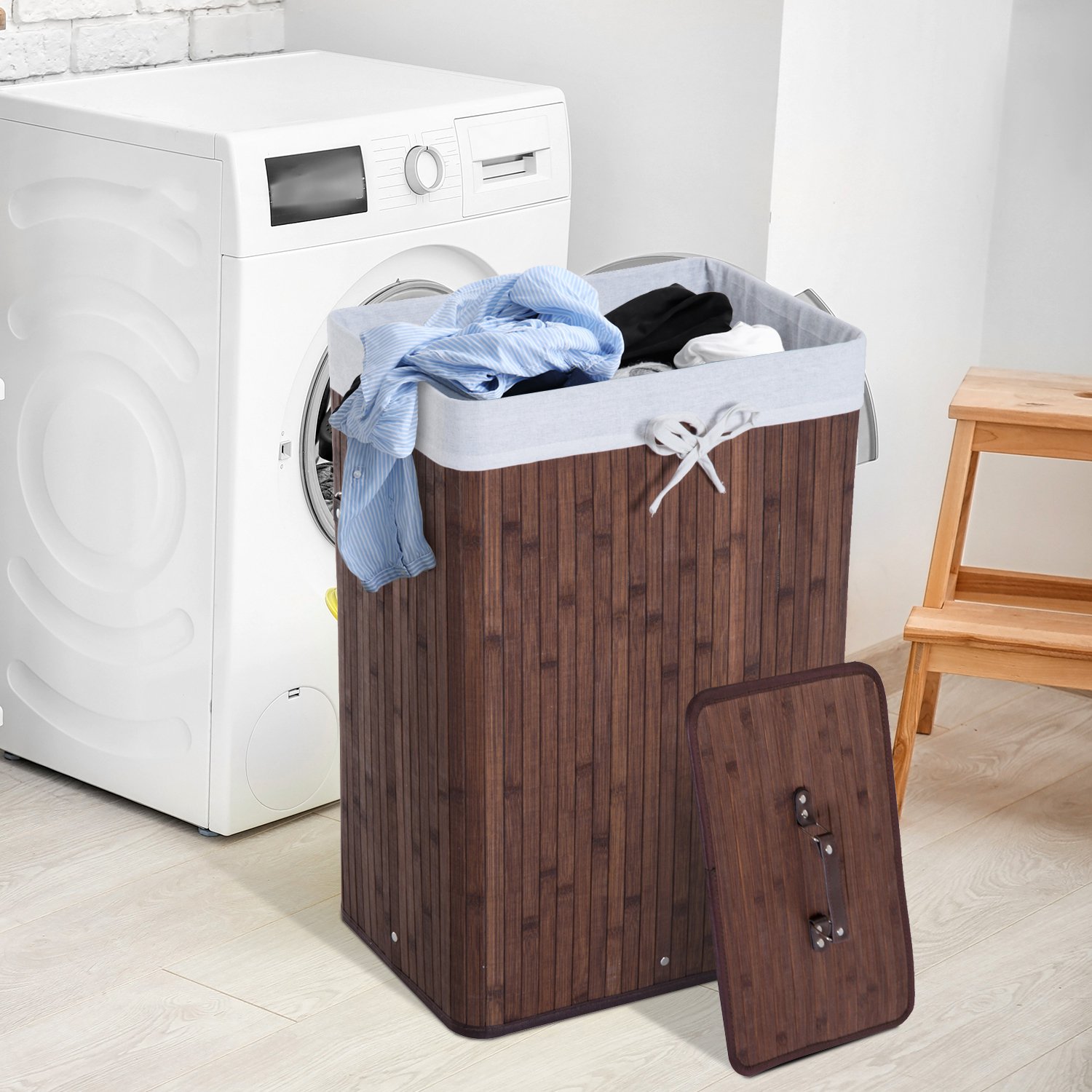 HOMCOM wasmand, stijlvol bamboe design, 72 liter capaciteit, ruimtebesparend hoekig, eenvoudig te reinigen, grijs | Aosom.nl