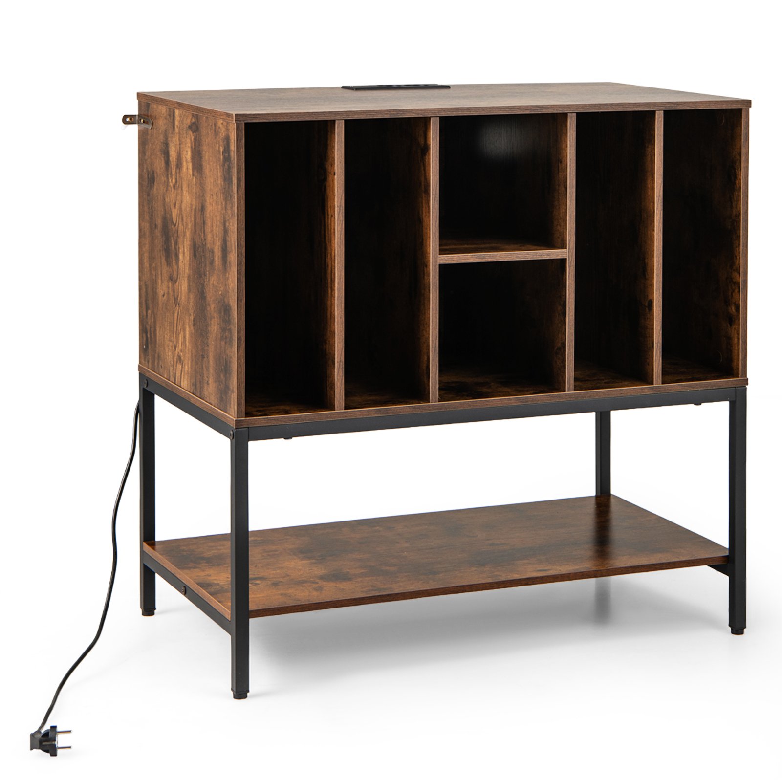 Costway Plattenspielerstandaard met Oplaadstation & Vinylopslag Bijzetkast Vinyldisplay Rek Koffie