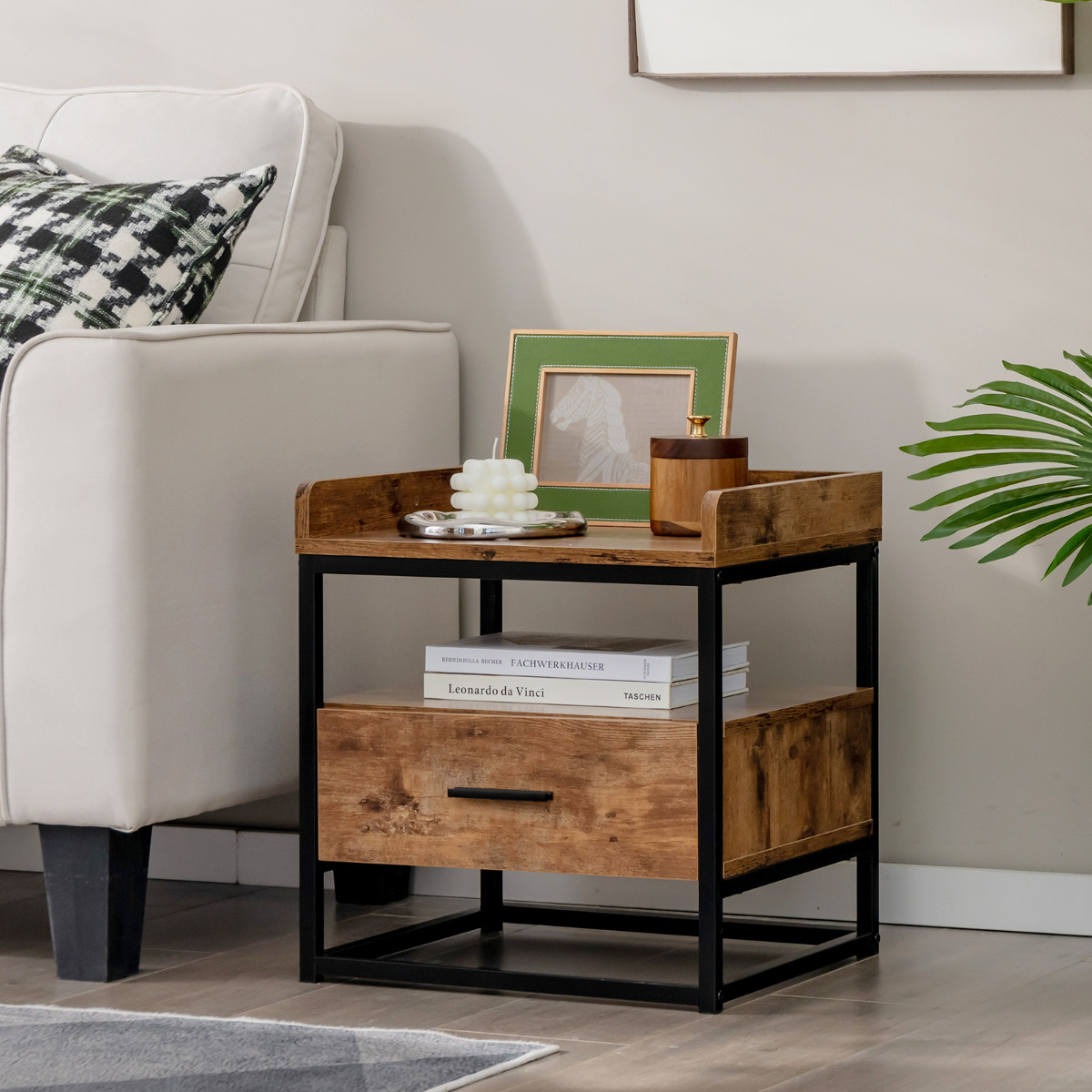 Costway Bijzettafel met 2 Niveaus Salontafel met Metalen Frame Koffietafel met Lade Nachtkastje voor Bed Bruin