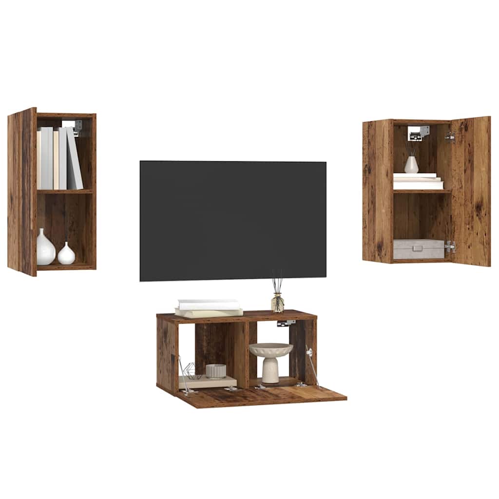 vidaXL Tv-meubelset met plank Wandgemonteerd met opslag met de deur 3 pcs Oud hout 60 x 30 x 30 cm