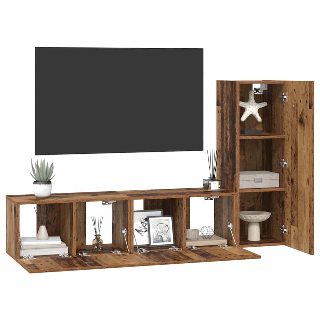vidaXL Tv-meubelset met plank Wandgemonteerd met opslag met de deur 3 pcs Oud hout 150.5 x 30 x 90 cm