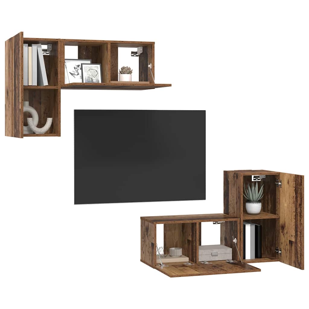 vidaXL Tv-meubelset met plank Wandgemonteerd met opslag met de deur 4 pcs Oud hout 60 x 30 x 30 cm