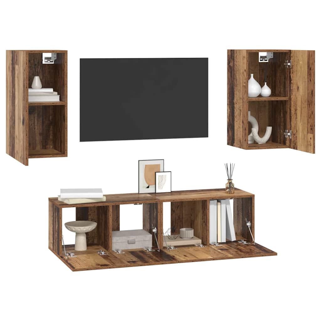 vidaXL Tv-meubelset met plank Wandgemonteerd met opslag met de deur 4 pcs Oud hout 60 x 30 x 30 cm