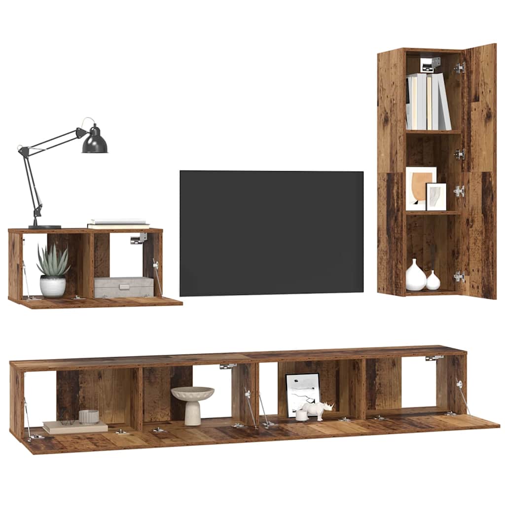 vidaXL TV-kast set met plank Wandgemonteerd Anders met opslag met de deur 4 pcs Oud hout Medium Bewerkt hout