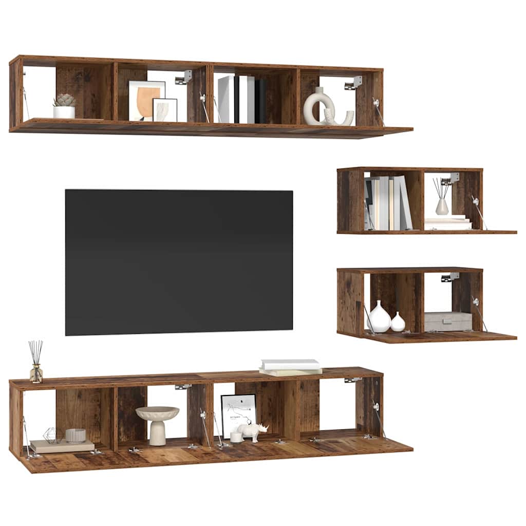 vidaXL TV-kast set met plank Wandgemonteerd Anders met opslag met de deur 6 pcs Oud hout Medium Bewerkt hout