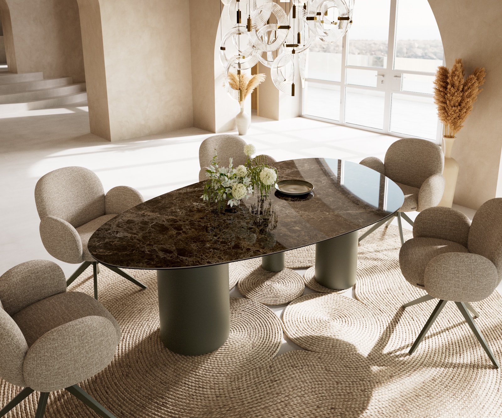 DELIFE Esstisch Edge Oval 220x120 Keramik Laminam Emperador Extra Lucidato Dunkelbraun Troa Metall Effektfinish Titan