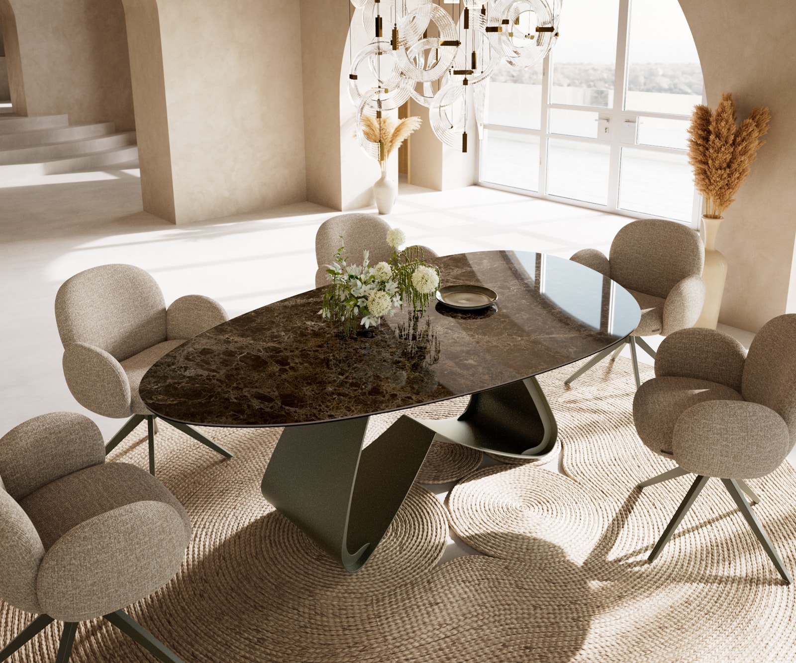 DELIFE Esstisch Edge Oval 220x120 Keramik Laminam Emperador Extra Lucidato Dunkelbraun W-Gestell Metall Effektfinish Titan