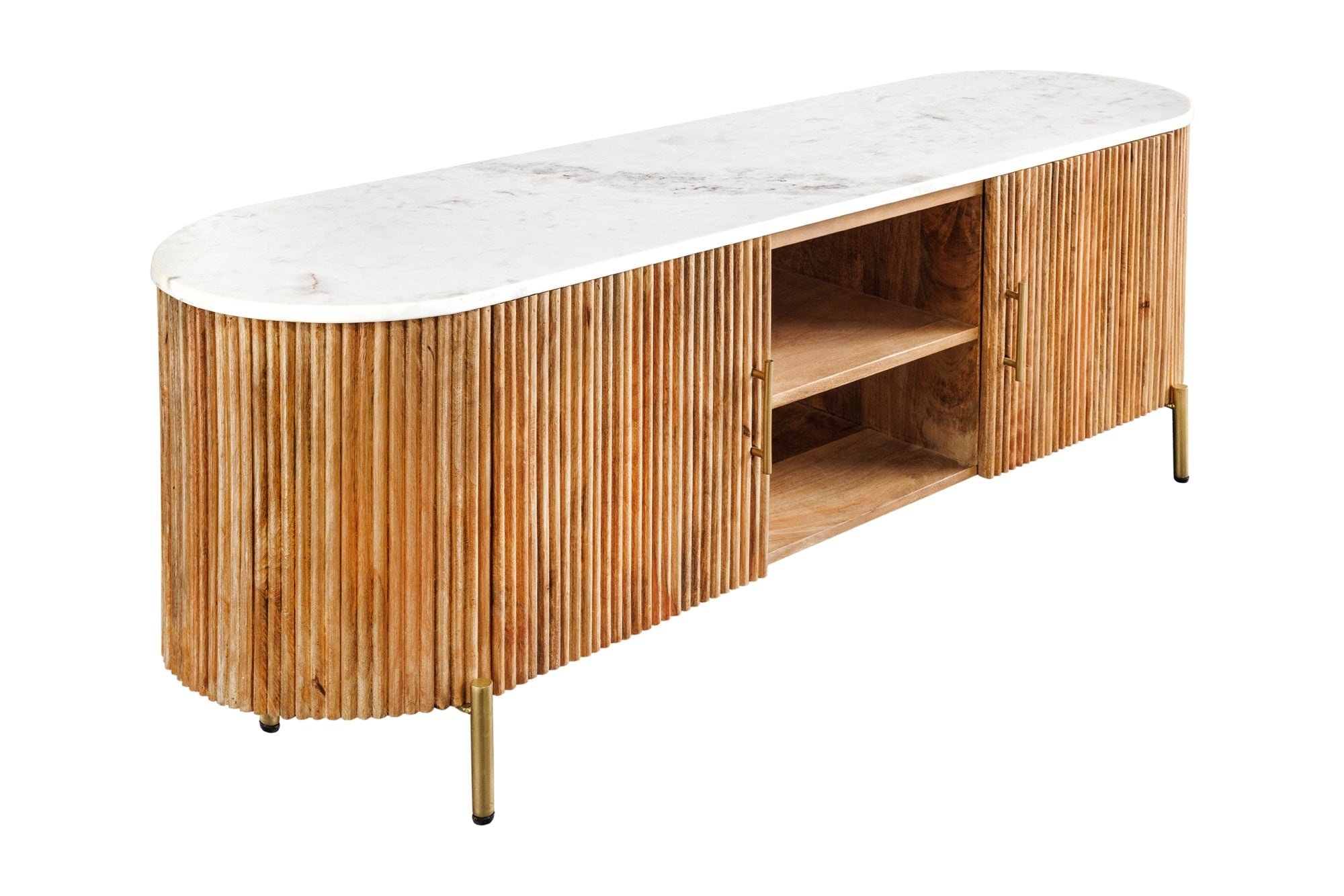 Invicta Interior TV-meubel TRES CHIC 140cm mangohout naturel met wit marmeren blad en gouden handgrepen - 45756