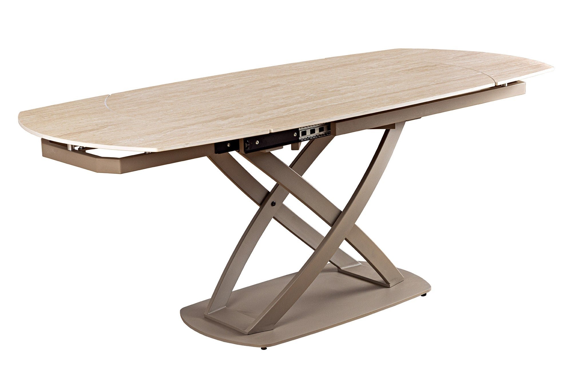 Invicta Interior Eettafel INCEPTION 130-190cm uitschuifbaar met champagne greige rek keramisch blad travertijn - 46426