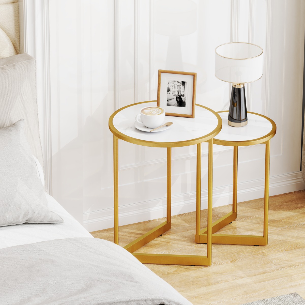 Costway 2-Delige Set Salontafels met Marmerlook en Goudkleurige Metalen Poten Moderne Bijzettafels