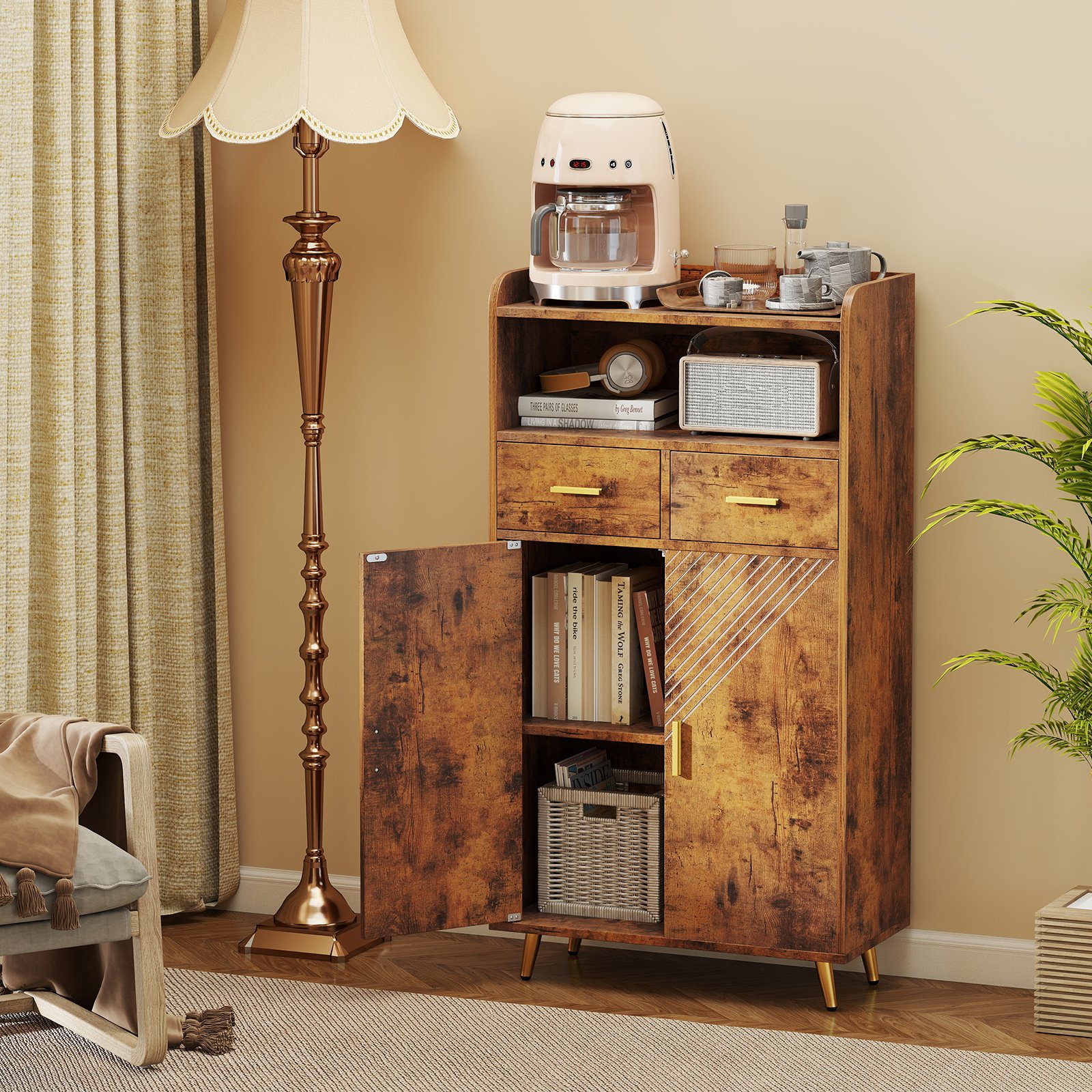 Costway Multifunctionele Kast met Dubbele Deuren & 2 Lades & Verstelbare Plank Keukenkast Bruin