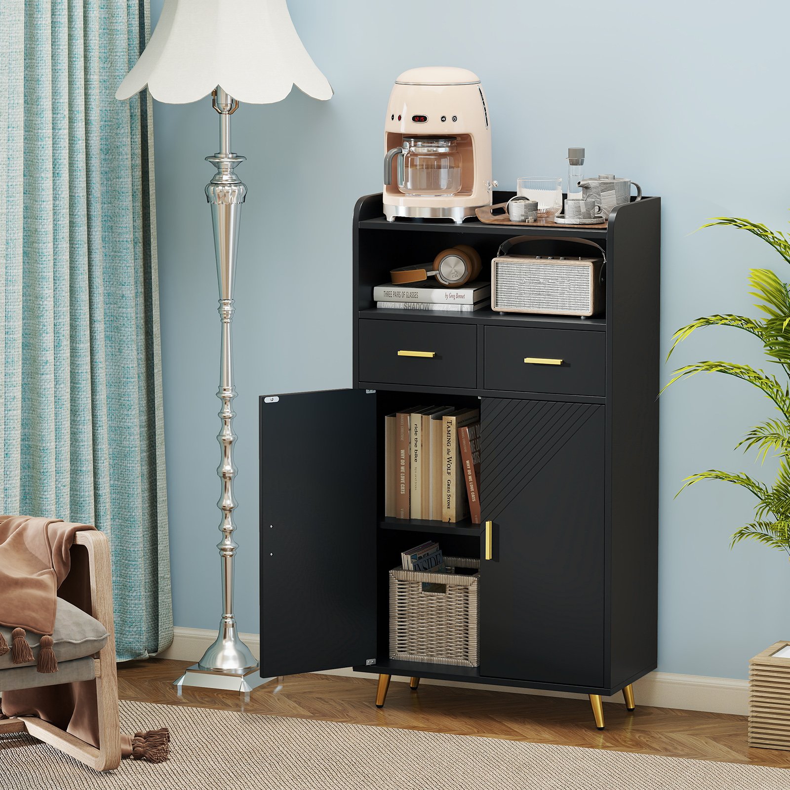 Costway Multifunctionele Kast met Dubbele Deuren & 2 Lades & Verstelbare Plank Keukenkast Zwart