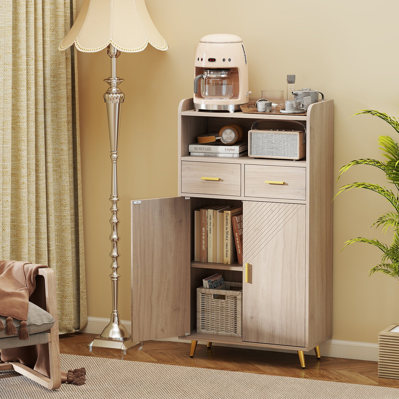 Costway Multifunctionele kast met Dubbele Deuren & 2 Lades & Verstelbare Plank Keukenkast Grijs